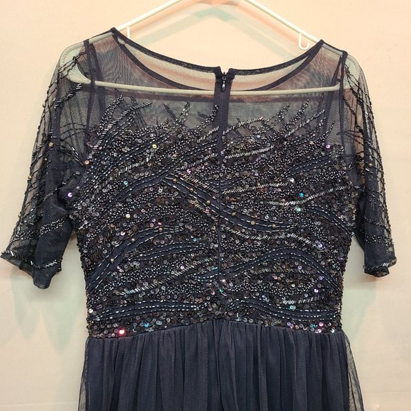 Adrianna Papell Formal Dress Beaded Sequin Womens 4 Navy Blue Short Sleeve Maxi - Picture 9 of 16